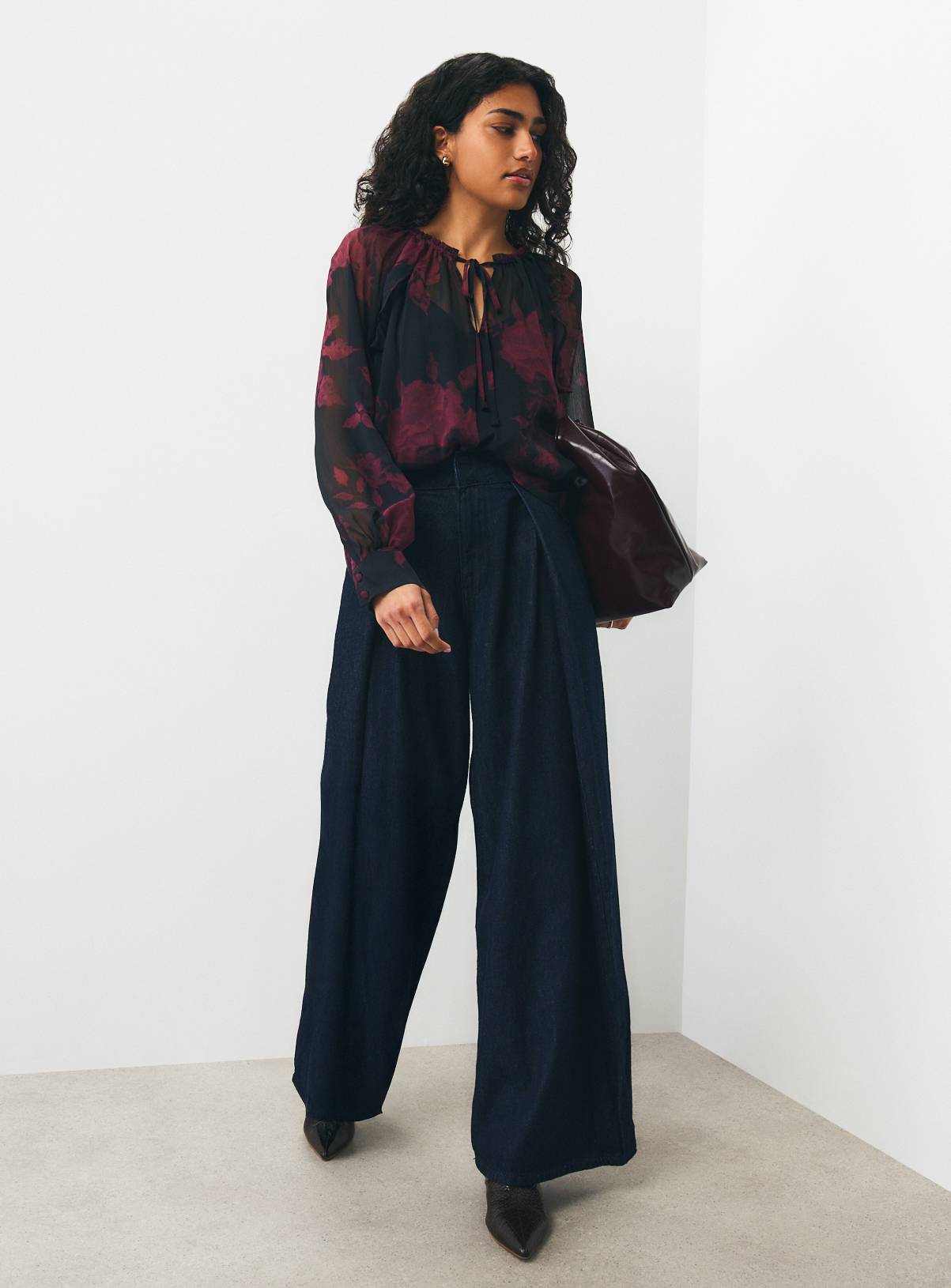 Burgundy Blurred Floral Frill Blouse 16 - Image 2